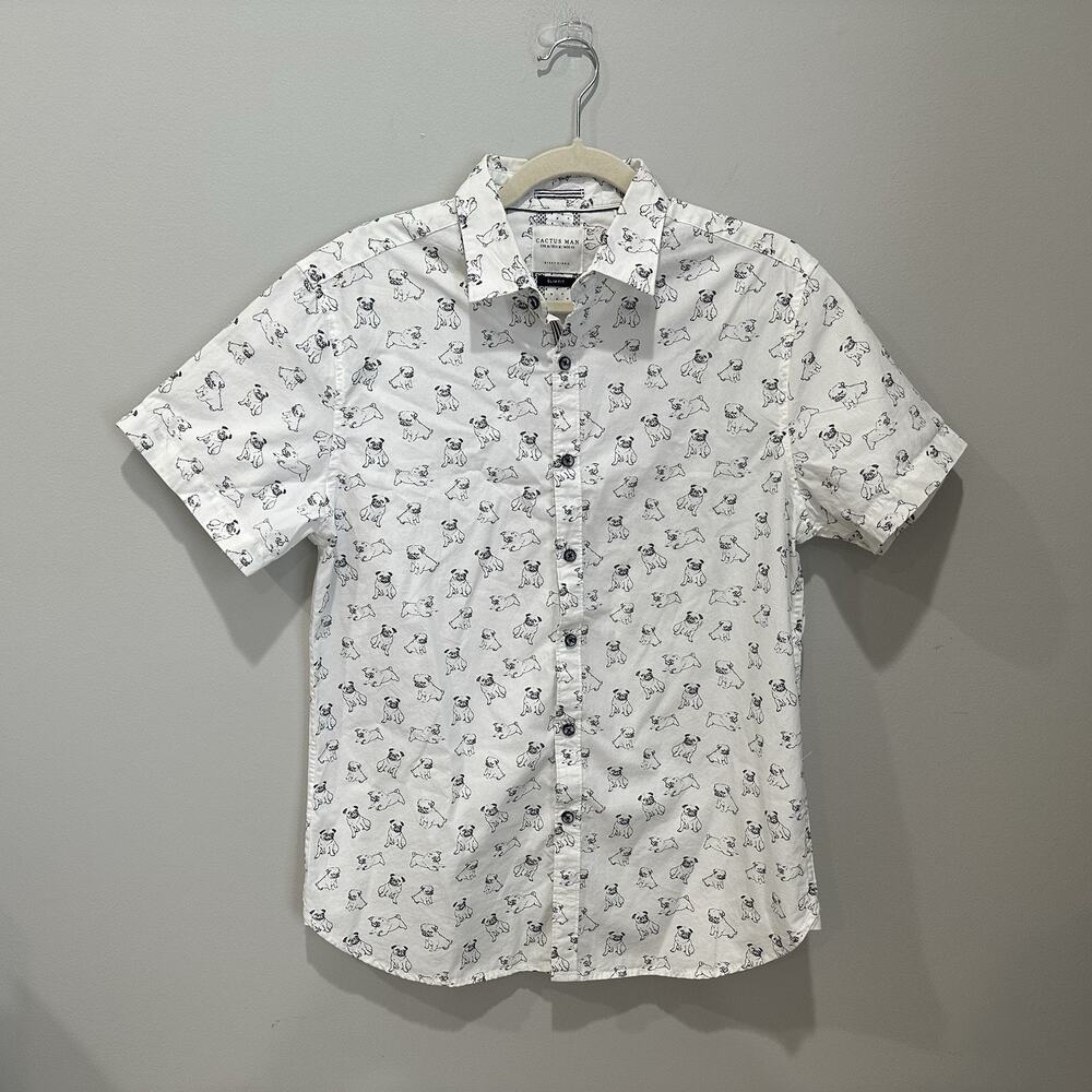 Cactus Man Shirt Mens Medium White All Over Print Pug Casual S/S Dog Lovers
